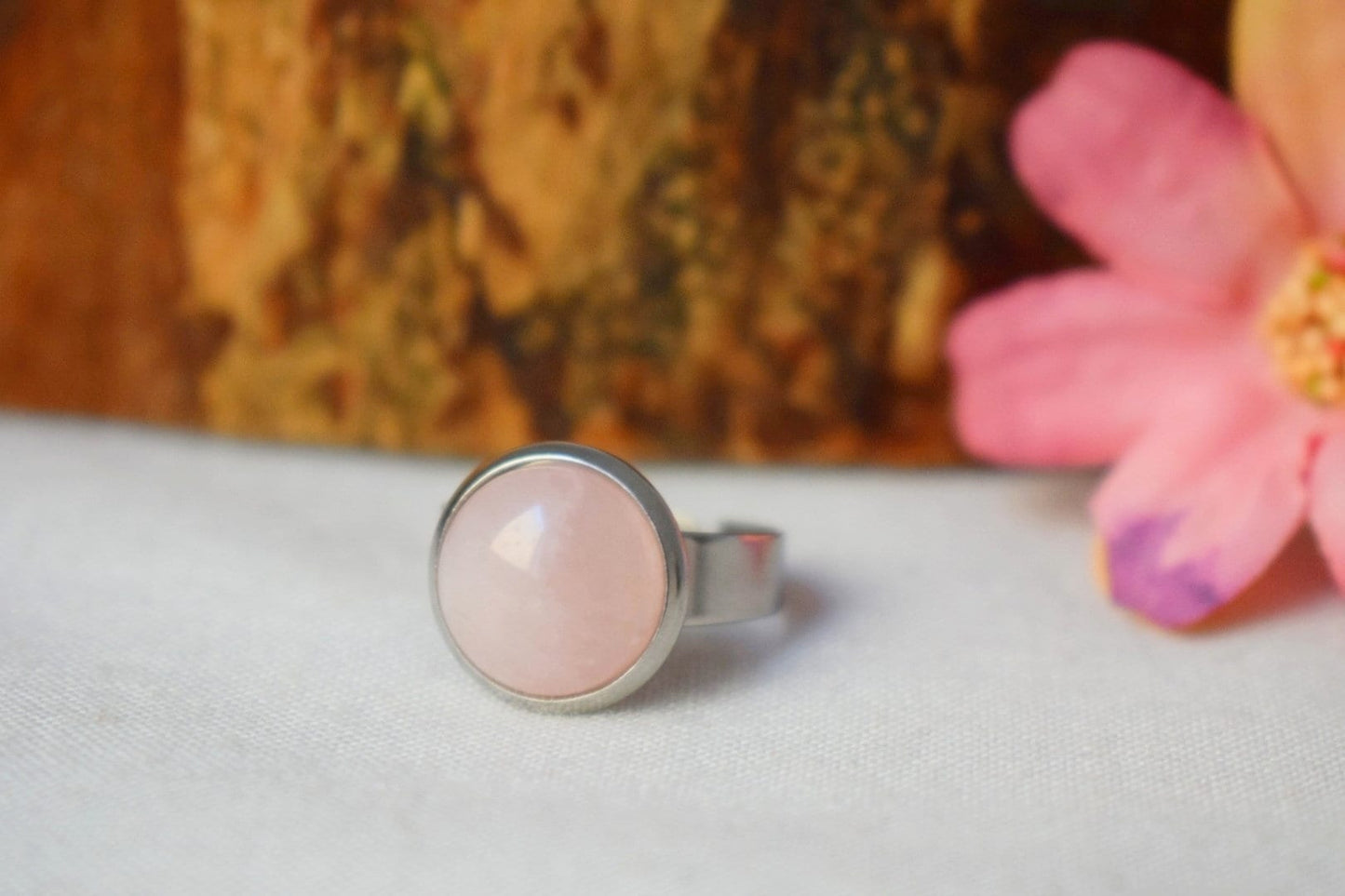 Rose quartz gemstone ring, adjustable everyday pink round statement crystal ring, Natural stone jewelry, Birthday gift for her mom