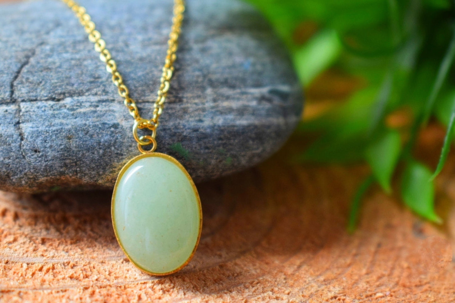 Green Aventurine Necklace Gold, Gemstone Oval Pendant, Natural Stone Jewelry, Birthday Anniversary Gift For Her