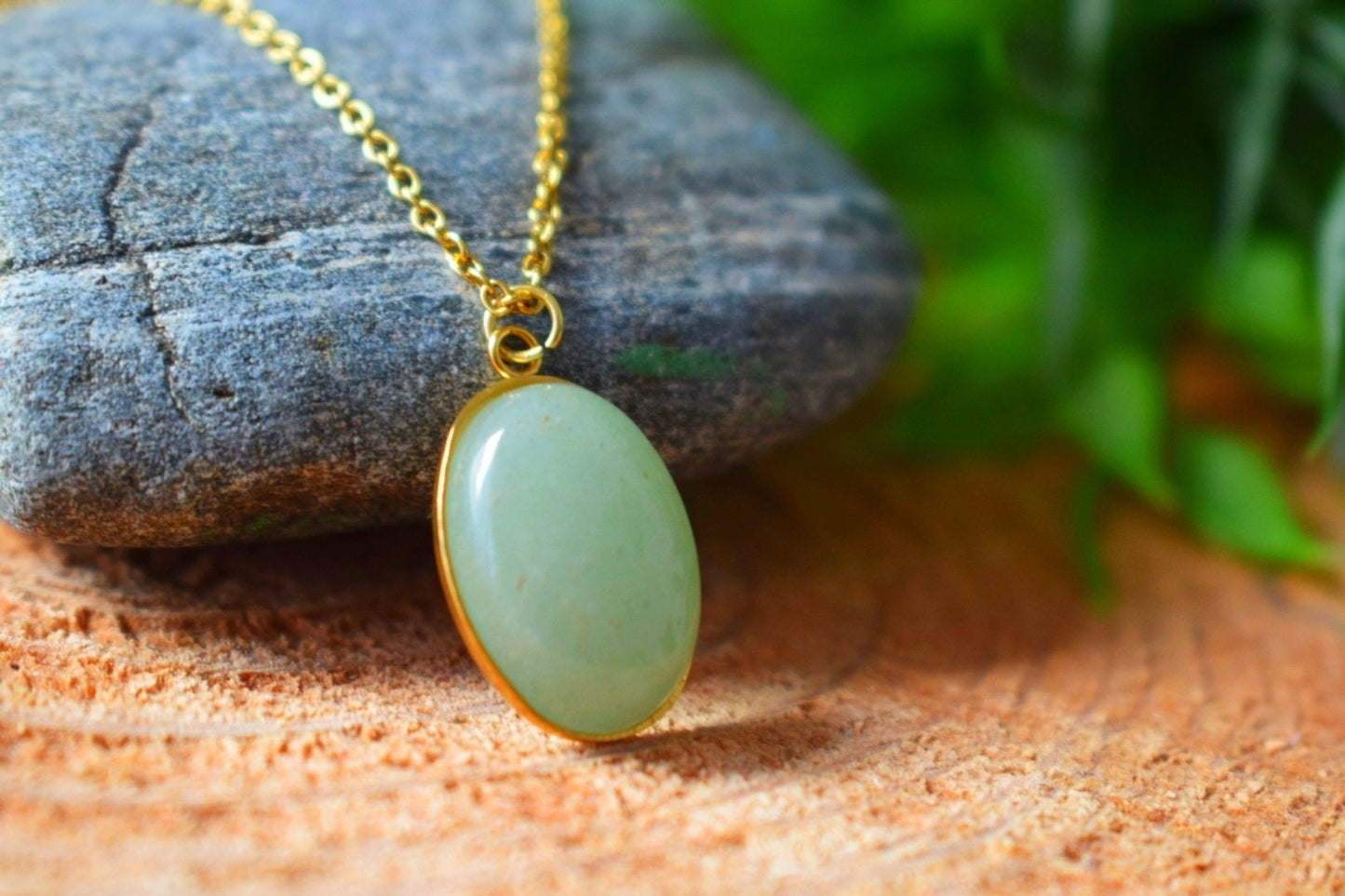 Green Aventurine Necklace Gold, Gemstone Oval Pendant, Natural Stone Jewelry, Birthday Anniversary Gift For Her