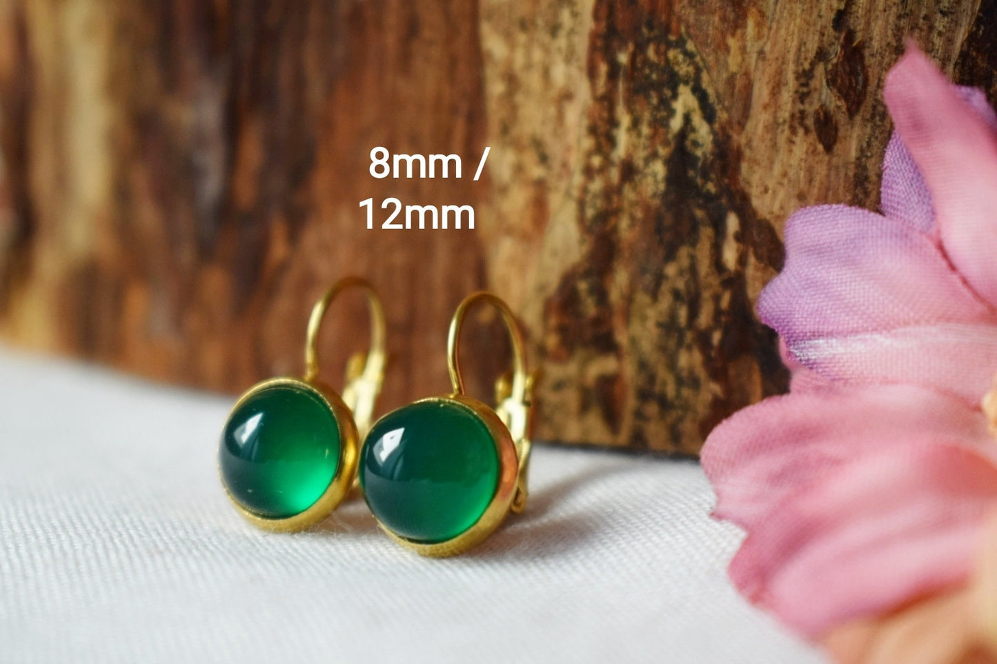 Green agate stud earrings, Small gemstone push back earrings, 18k gold plated stainless steel jewelry, Gift for her