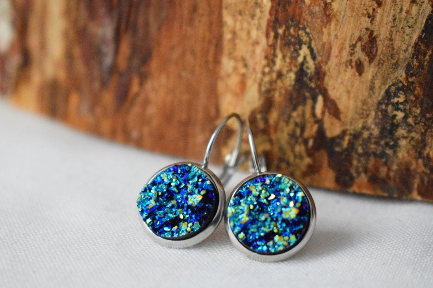 Sparkly Blue Druzy Dangle Earrings, Druzy Drop Silver Earrings, Faux Druzy, Drusy Leverbacks Earrings, Basic Earrings, Birthday Gift For Her