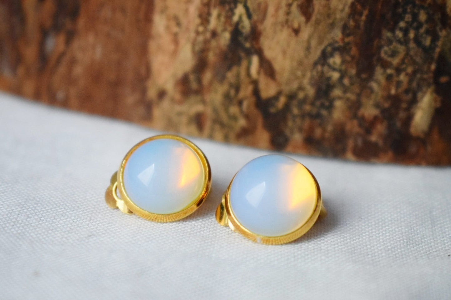 Opalite clip on earrings gold for women, Moonstone earrings, No hole earrings, Gemstone ear clips, Rainbow, Bridesmaid jewelry, Gift for her