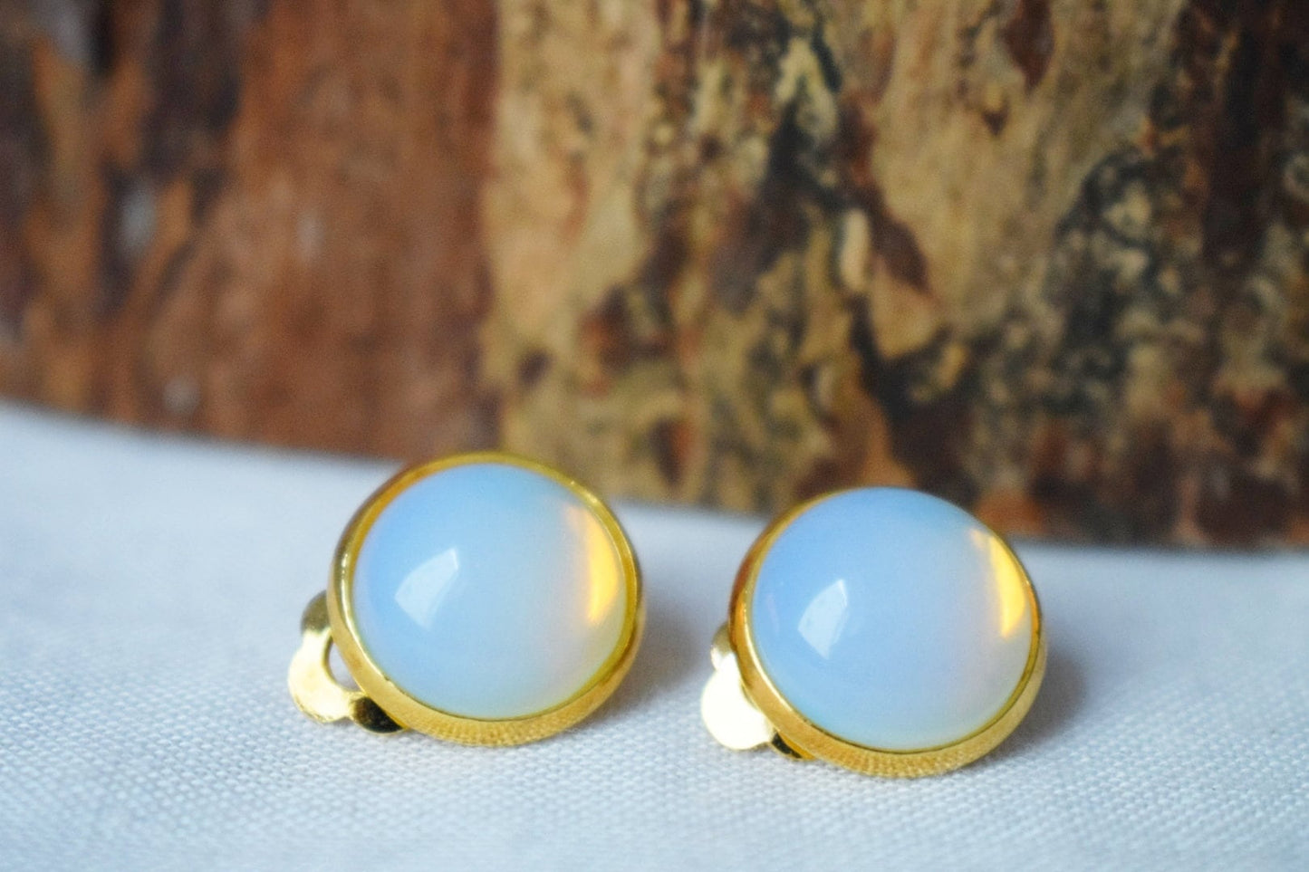 Opalite clip on earrings gold for women, Moonstone earrings, No hole earrings, Gemstone ear clips, Rainbow, Bridesmaid jewelry, Gift for her