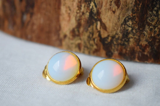 Opalite clip on earrings gold for women, Moonstone earrings, No hole earrings, Gemstone ear clips, Rainbow, Bridesmaid jewelry, Gift for her