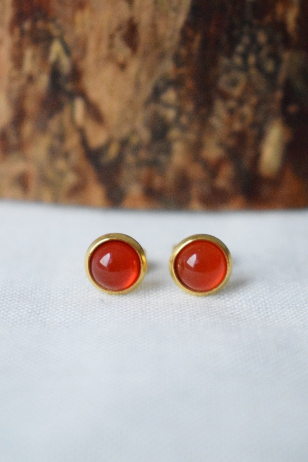Red agate stud earrings, Small 8mm round gemstone earrings, 18k gold plated stainless steel studs, Agate jewelry gift