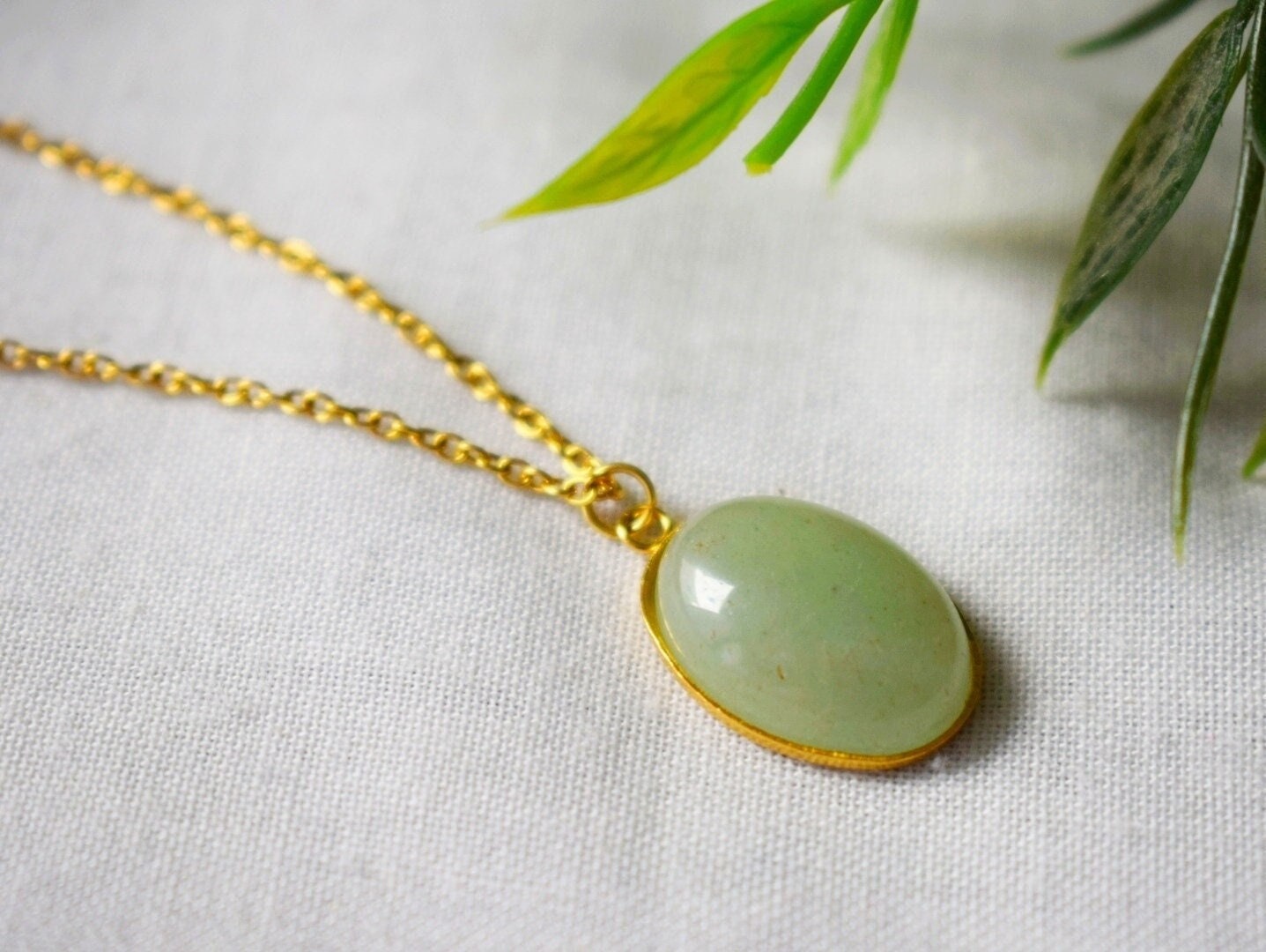 Green Aventurine Necklace Gold, Gemstone Oval Pendant, Natural Stone Jewelry, Birthday Anniversary Gift For Her
