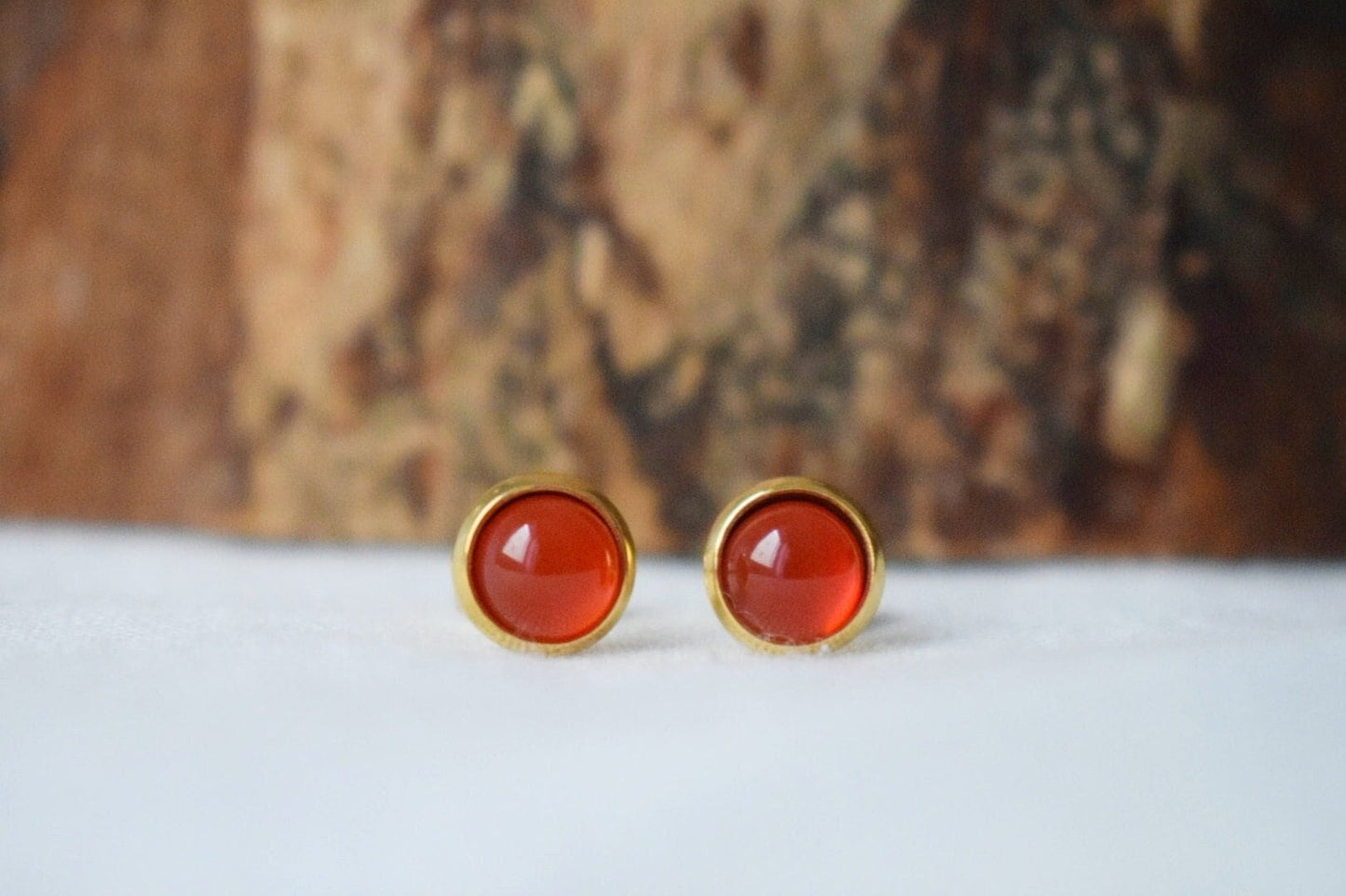 Red agate stud earrings, Small 8mm round gemstone earrings, 18k gold plated stainless steel studs, Agate jewelry gift