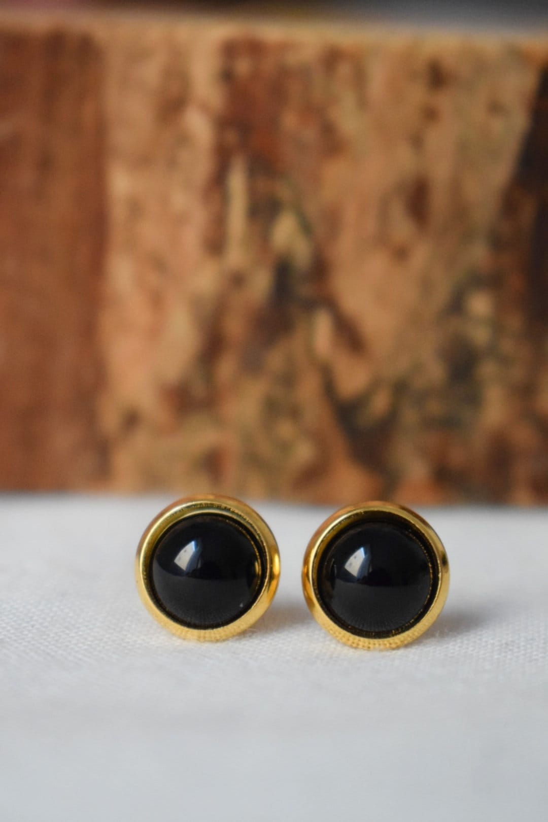 Black agate stud earrings, 18k gold plated stainless steel studs, 10mm gemstone round push backs, Small post earrings, Unisex jewelry gift
