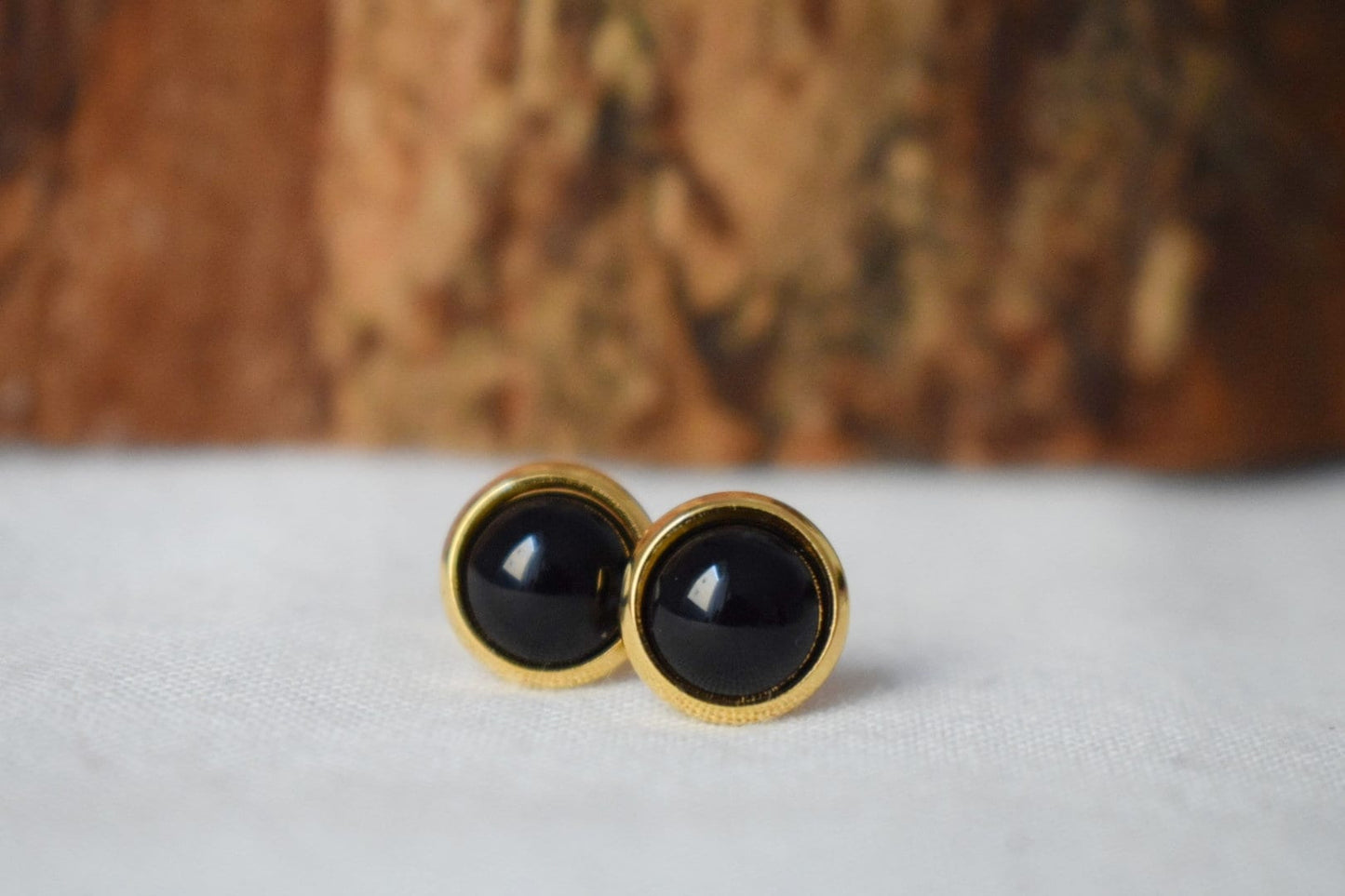 Black agate stud earrings, 18k gold plated stainless steel studs, 10mm gemstone round push backs, Small post earrings, Unisex jewelry gift