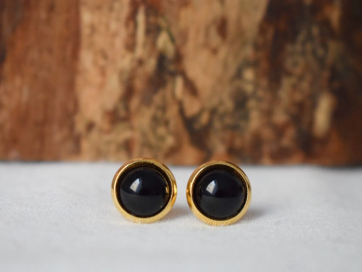 Black agate stud earrings, 18k gold plated stainless steel studs, 10mm gemstone round push backs, Small post earrings, Unisex jewelry gift