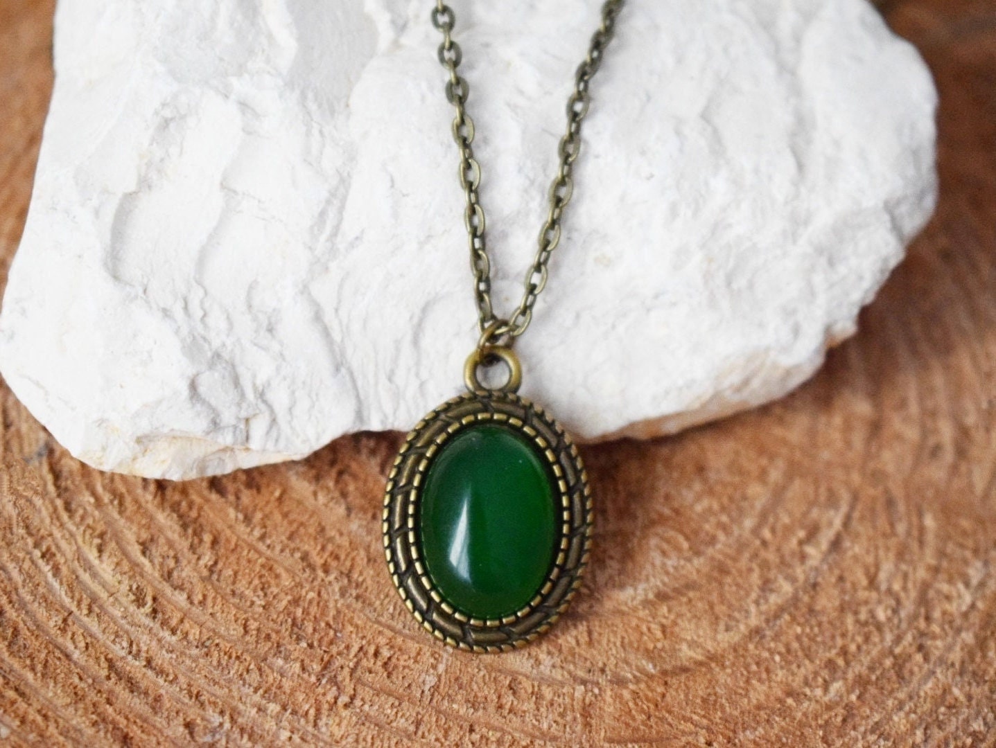 Vintage Green Jade Necklace For Women, Oval, Bronze, Green gemstone necklace, Jade pendant, Boho, Handmade jewelry gift for her