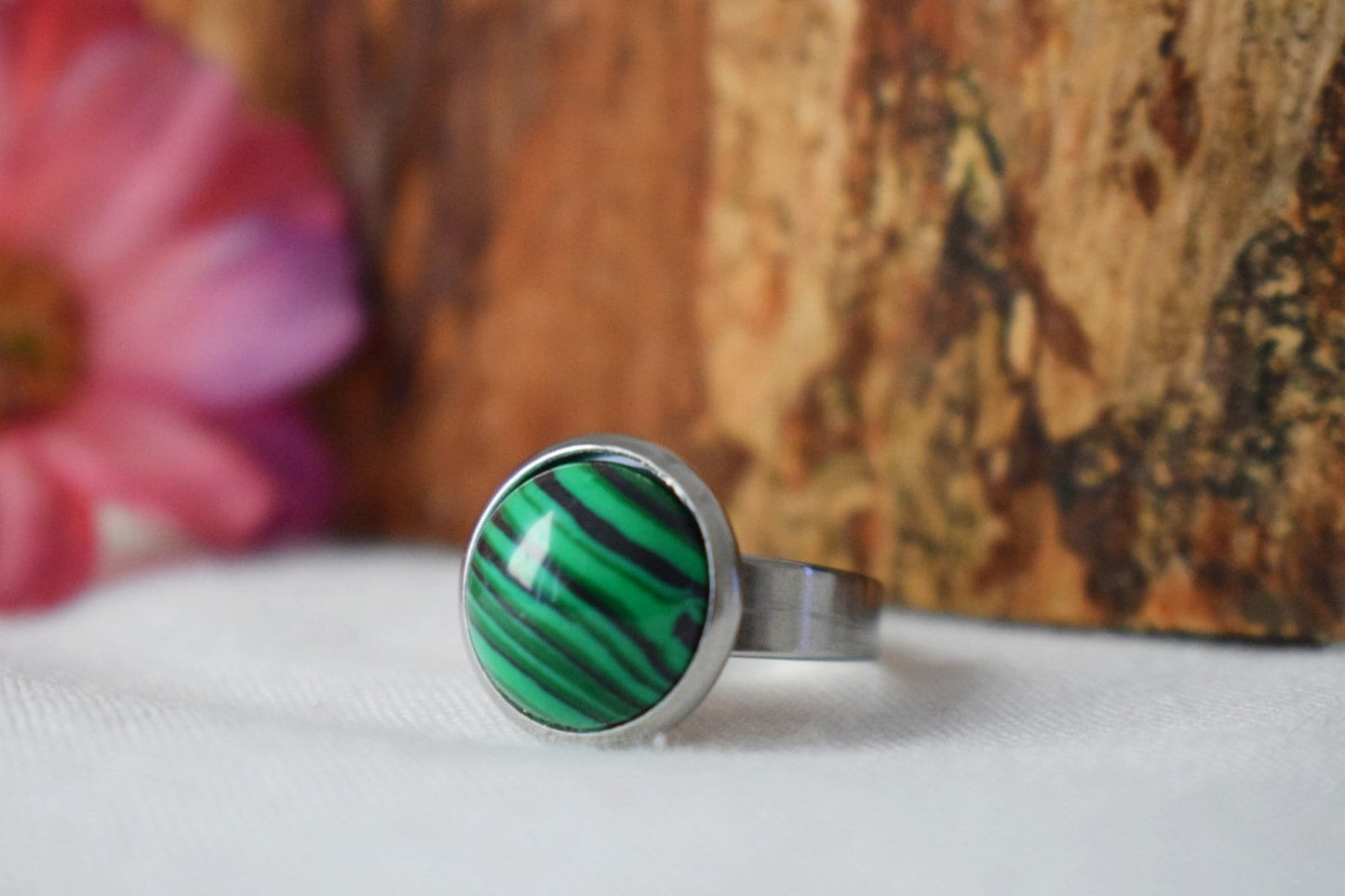 Malachite ring, Round green black gemstone, Adjustable ring, Stainless steel, Jewelry giftBest christmas gift