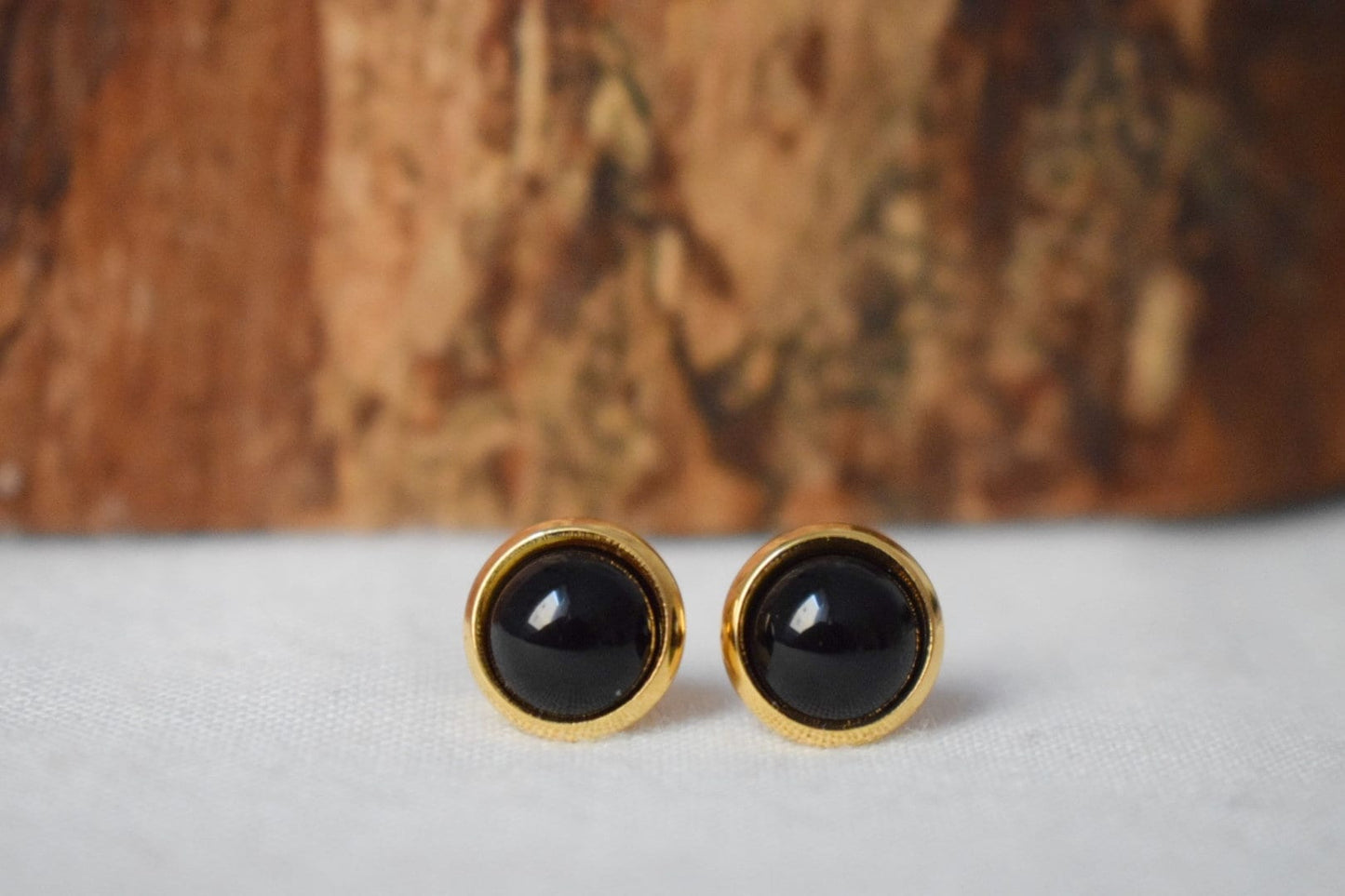 Black agate stud earrings, 18k gold plated stainless steel studs, 10mm gemstone round push backs, Small post earrings, Unisex jewelry gift