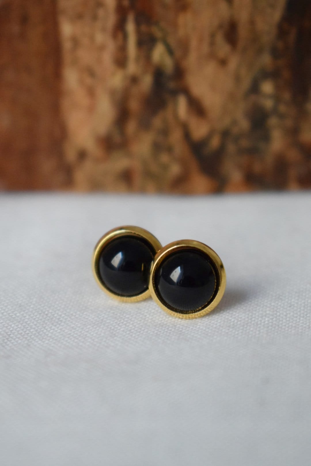 Black agate stud earrings, 18k gold plated stainless steel studs, 10mm gemstone round push backs, Small post earrings, Unisex jewelry gift
