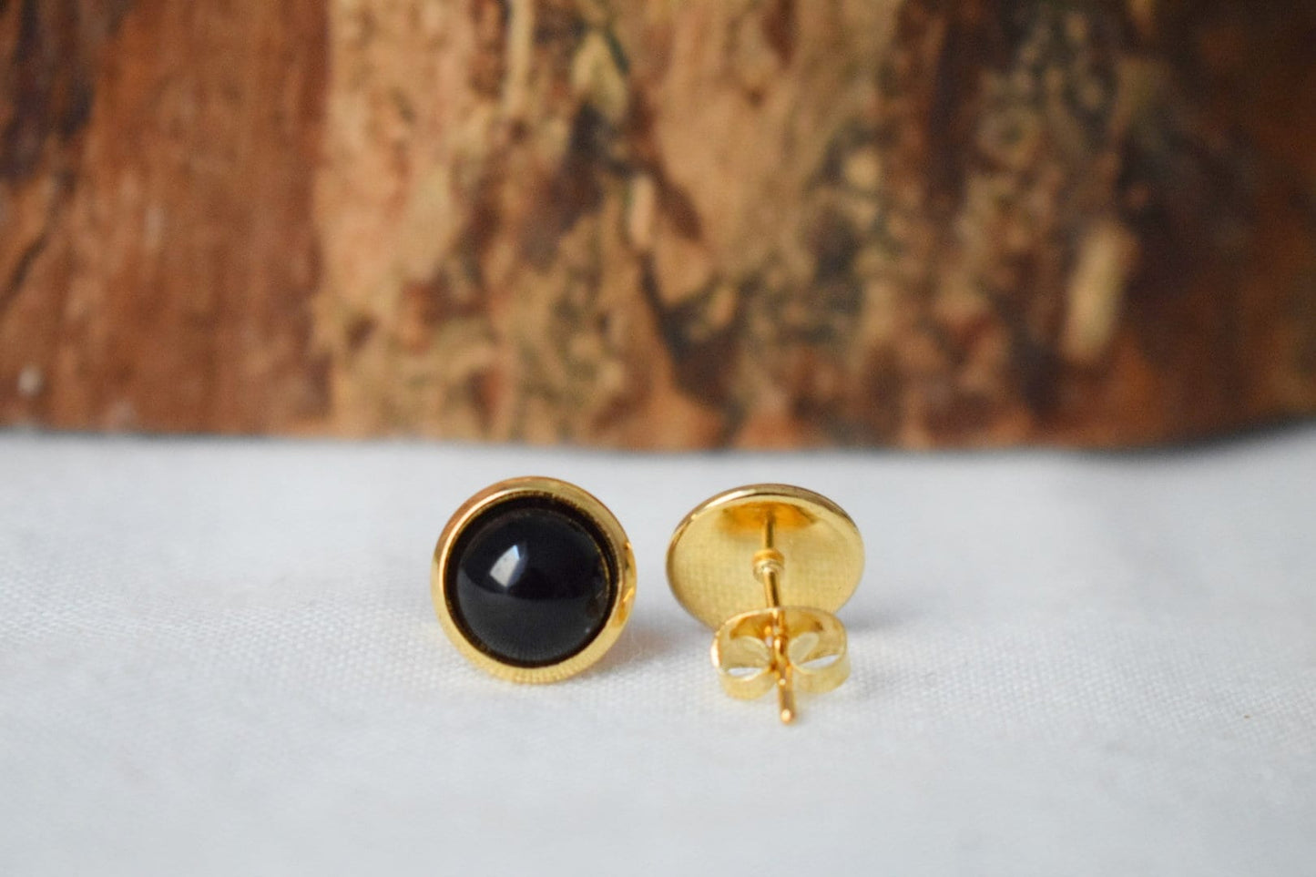 Black agate stud earrings, 18k gold plated stainless steel studs, 10mm gemstone round push backs, Small post earrings, Unisex jewelry gift