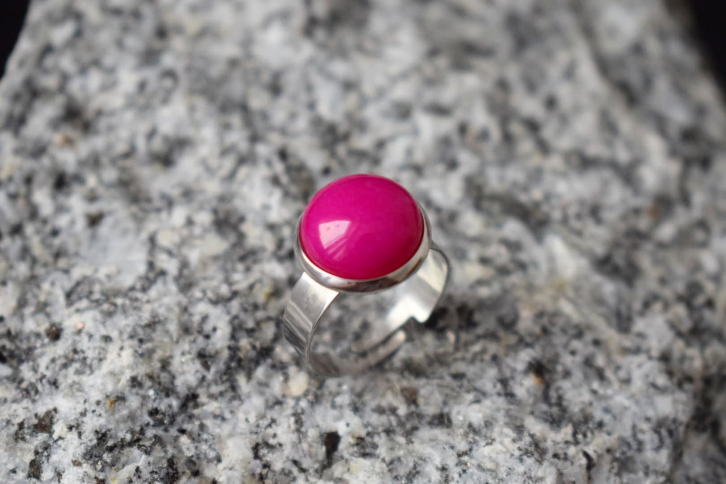 Hot pink jade ring, Magenta pink, Statement gemstone adjustable ring women, Round stone ring, Pink silver color, Jewelry birthday gift her