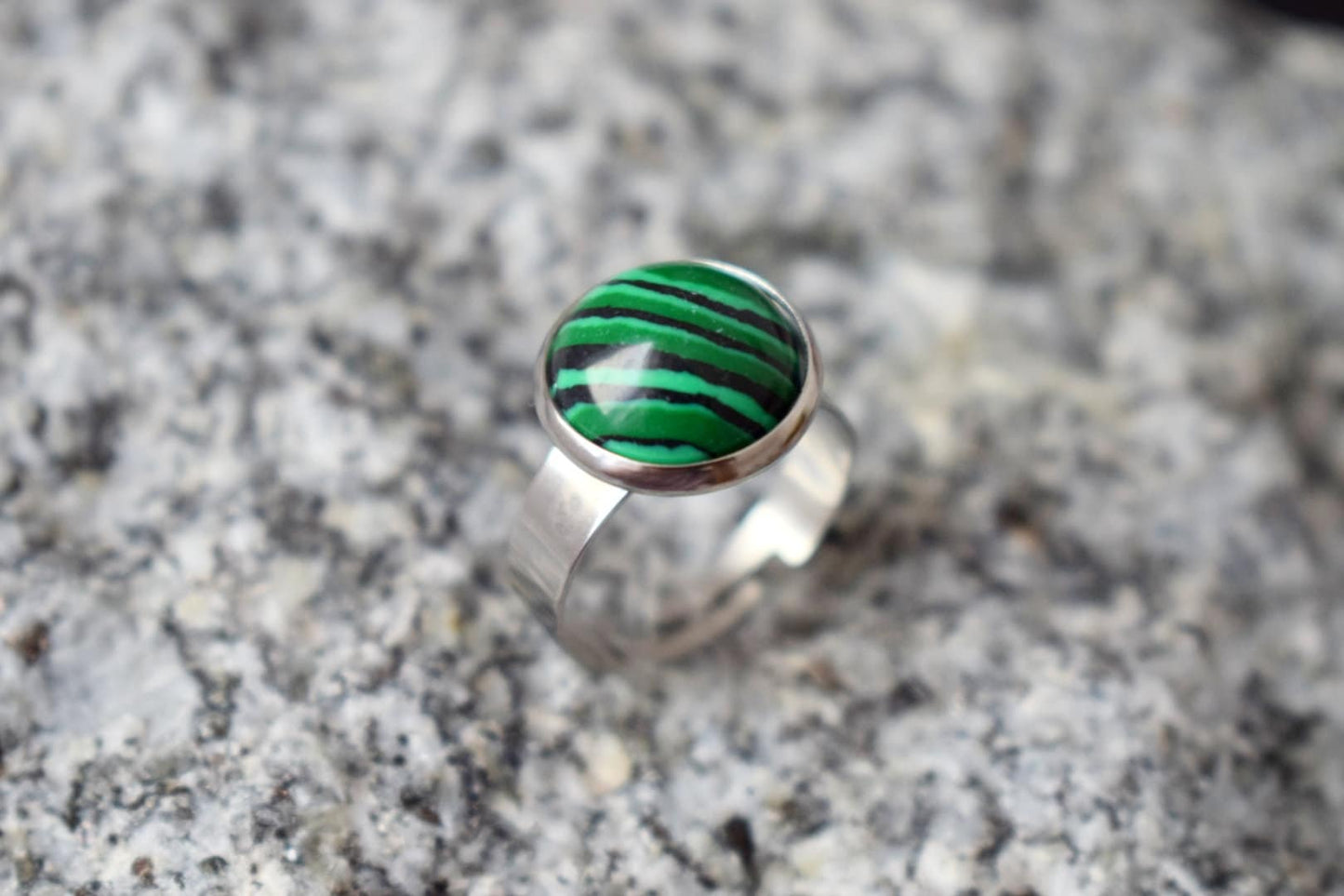 Malachite ring, Round green black gemstone, Adjustable ring, Stainless steel, Jewelry giftBest christmas gift