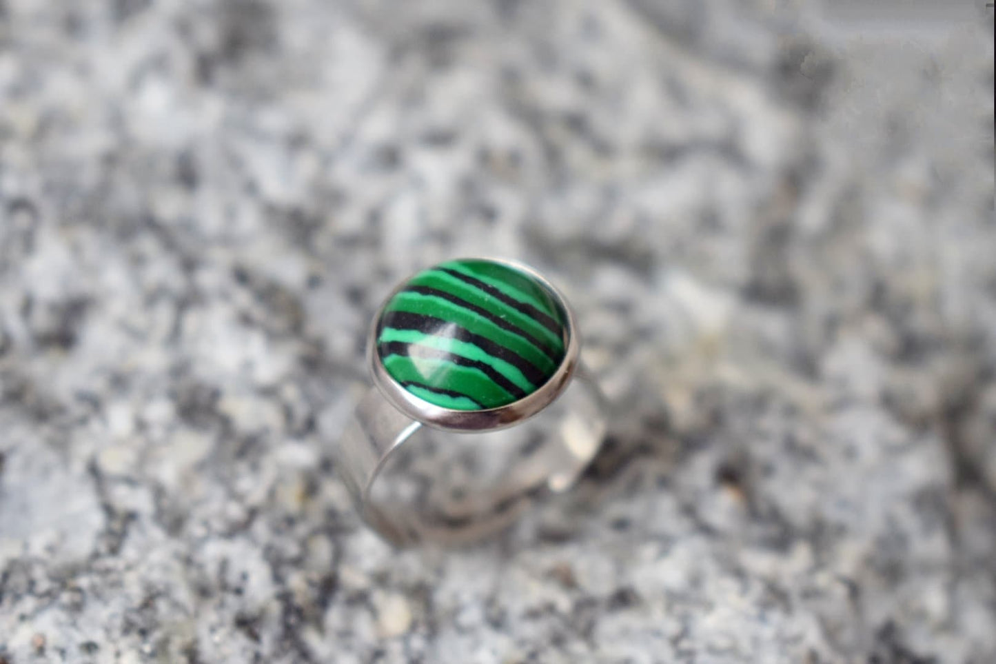 Malachite ring, Round green black gemstone, Adjustable ring, Stainless steel, Jewelry giftBest christmas gift