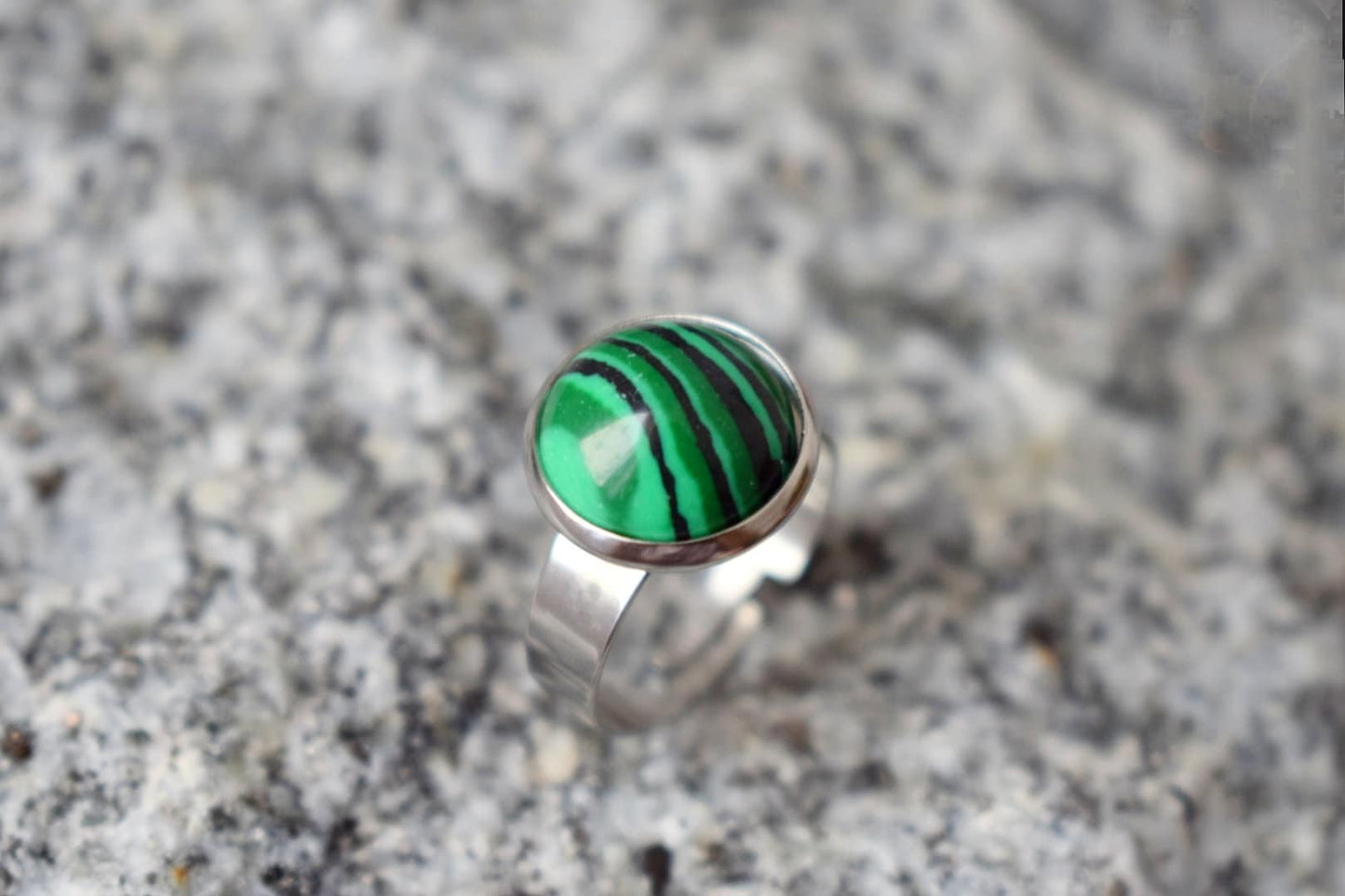 Malachite ring, Round green black gemstone, Adjustable ring, Stainless steel, Jewelry giftBest christmas gift