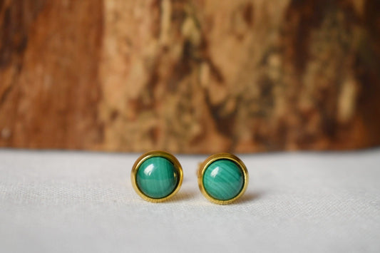 Mini Natural Malachite Stud Earrings 18k Gold plated 6mm Stud Earrings, Small, Minimalist, Green Gemstone, Malachite Birthstone Jewelry