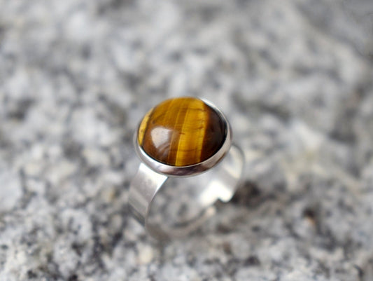 Tiger Eye Ring Women, Brown Gold Stone Ring, Adjustable Gemstone Statement Everyday Round Ring, Stainless steel, Tigers Eye Jewelry, Gift