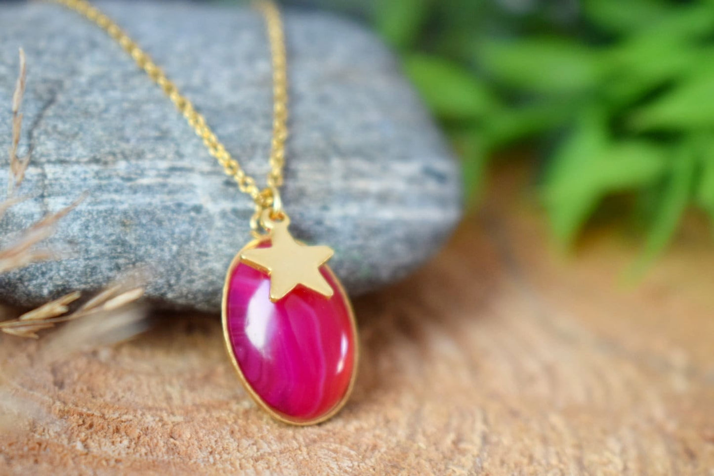 Necklace Banded pink agate, Gemstone necklace with star charm for women, Stone pendant, Boho jewelry, Unique Christmas gift for her