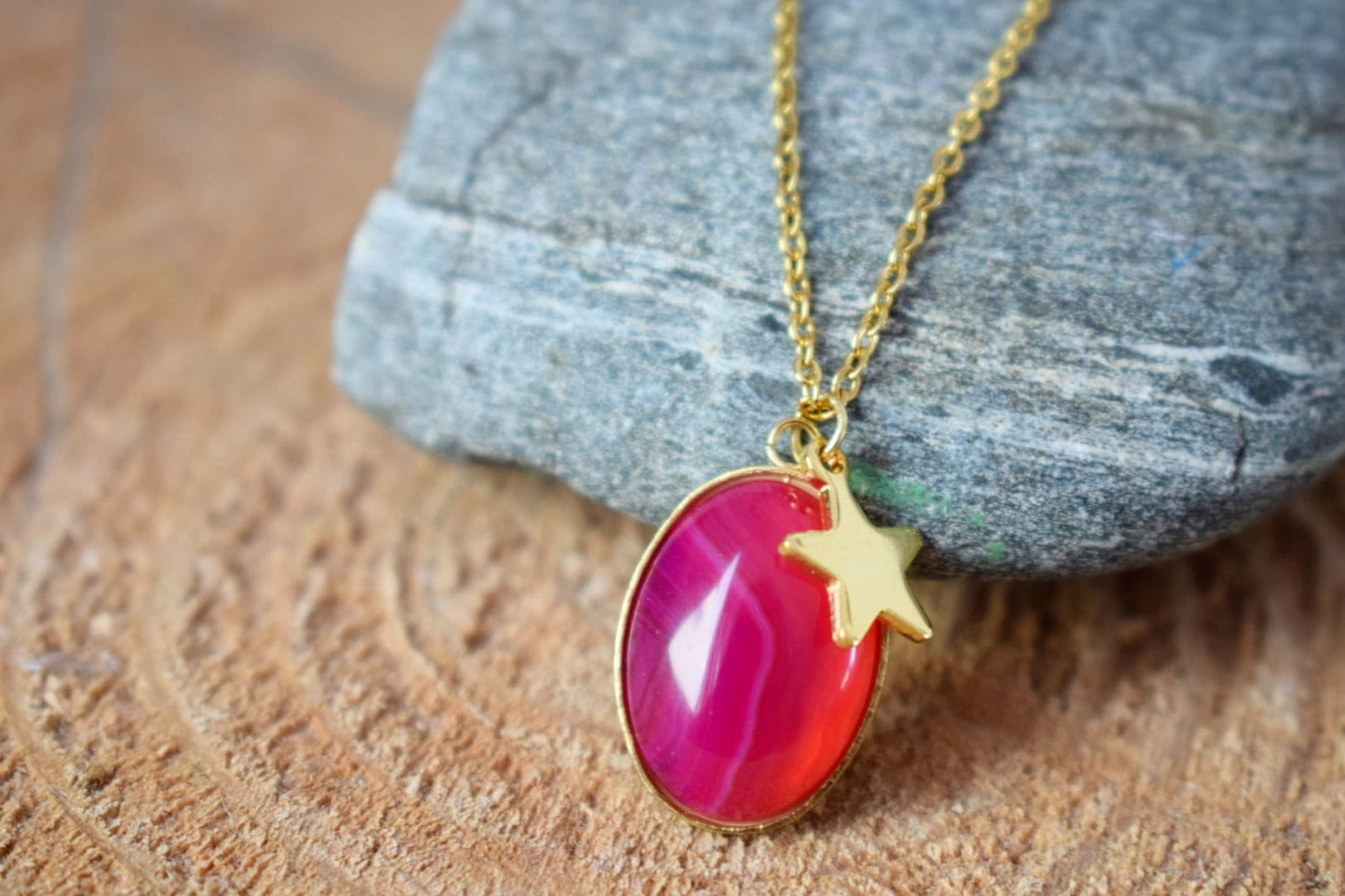 Necklace Banded pink agate, Gemstone necklace with star charm for women, Stone pendant, Boho jewelry, Unique Christmas gift for her
