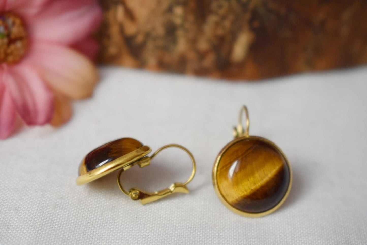 Tigers Eye Earrings for Women, Gemstone leverback earrings, Gold brown natural stone, Chakra, Tiger's eye jewelry for her, Mother's day gift
