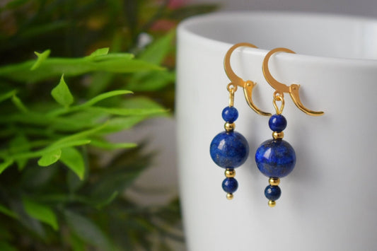 Lapis lazuli earrings, Lapis bead dangle earrings, Dark Blue gold colour small earring, Gemstone, September Birthstone Jewelry, Gift for her