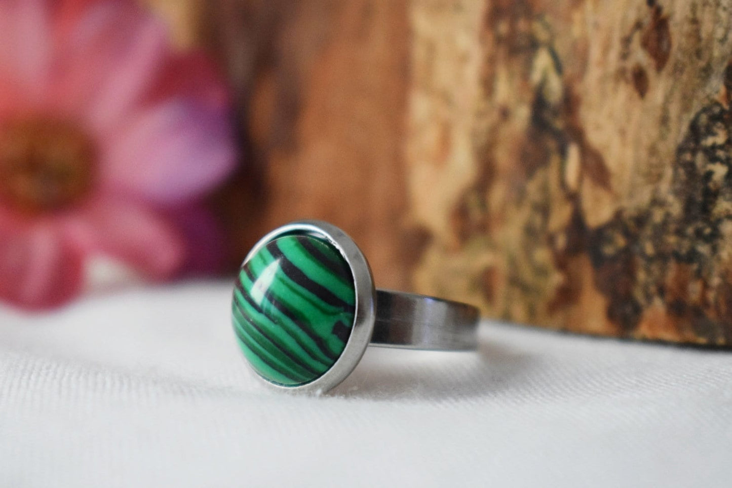 Malachite ring, Round green black gemstone, Adjustable ring, Stainless steel, Jewelry giftBest christmas gift