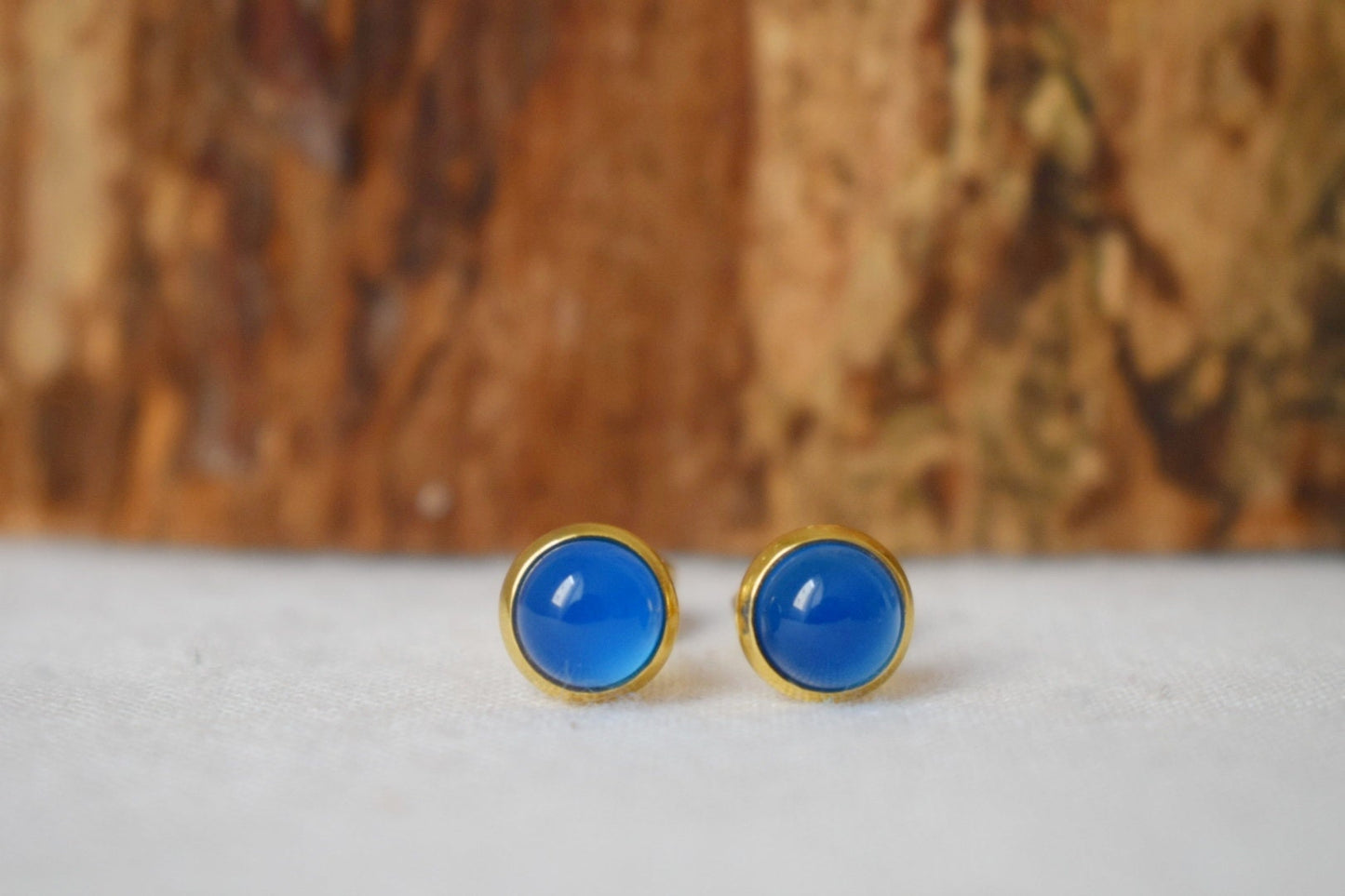 Mini Blue Agate Stud Earrings, 6mm Gold Stud Earrings, Small Round Gemstone Earrings, Minimalist Agate Birthstone Jewelry, Gift For Her