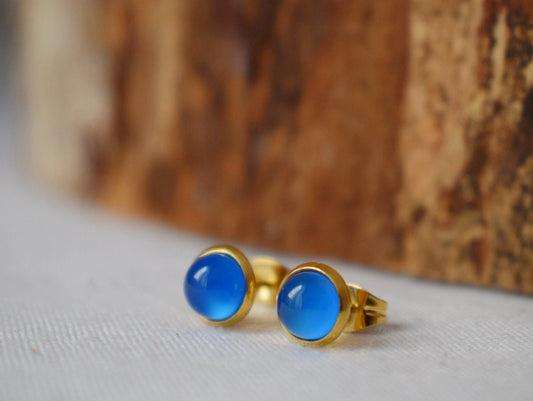 Mini Blue Agate Stud Earrings, 6mm Gold Stud Earrings, Small Round Gemstone Earrings, Minimalist Agate Birthstone Jewelry, Gift For Her