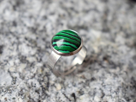 Malachite ring, Round green black gemstone, Adjustable ring, Stainless steel, Jewelry giftBest christmas gift