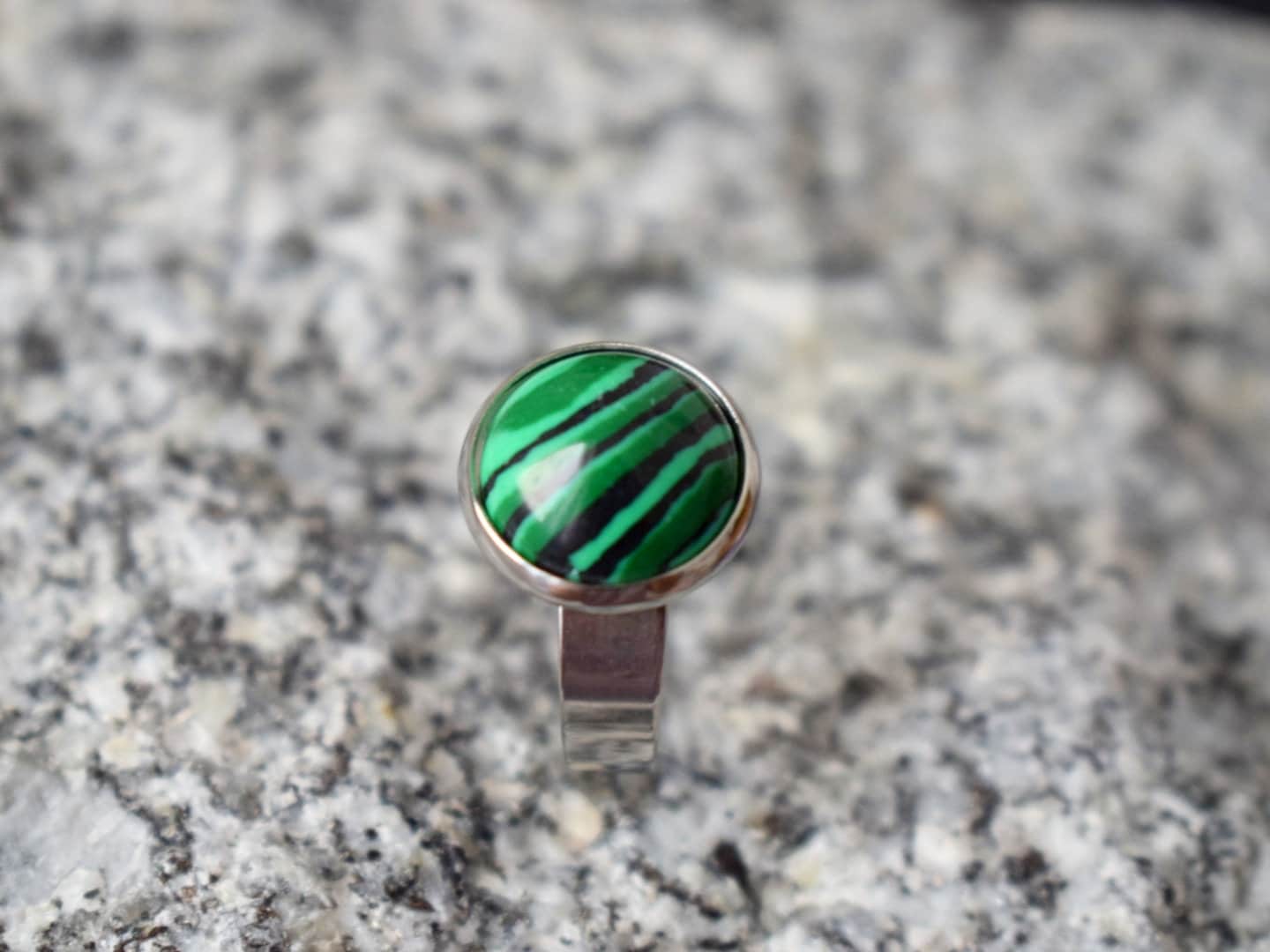 Malachite ring, Round green black gemstone, Adjustable ring, Stainless steel, Jewelry giftBest christmas gift