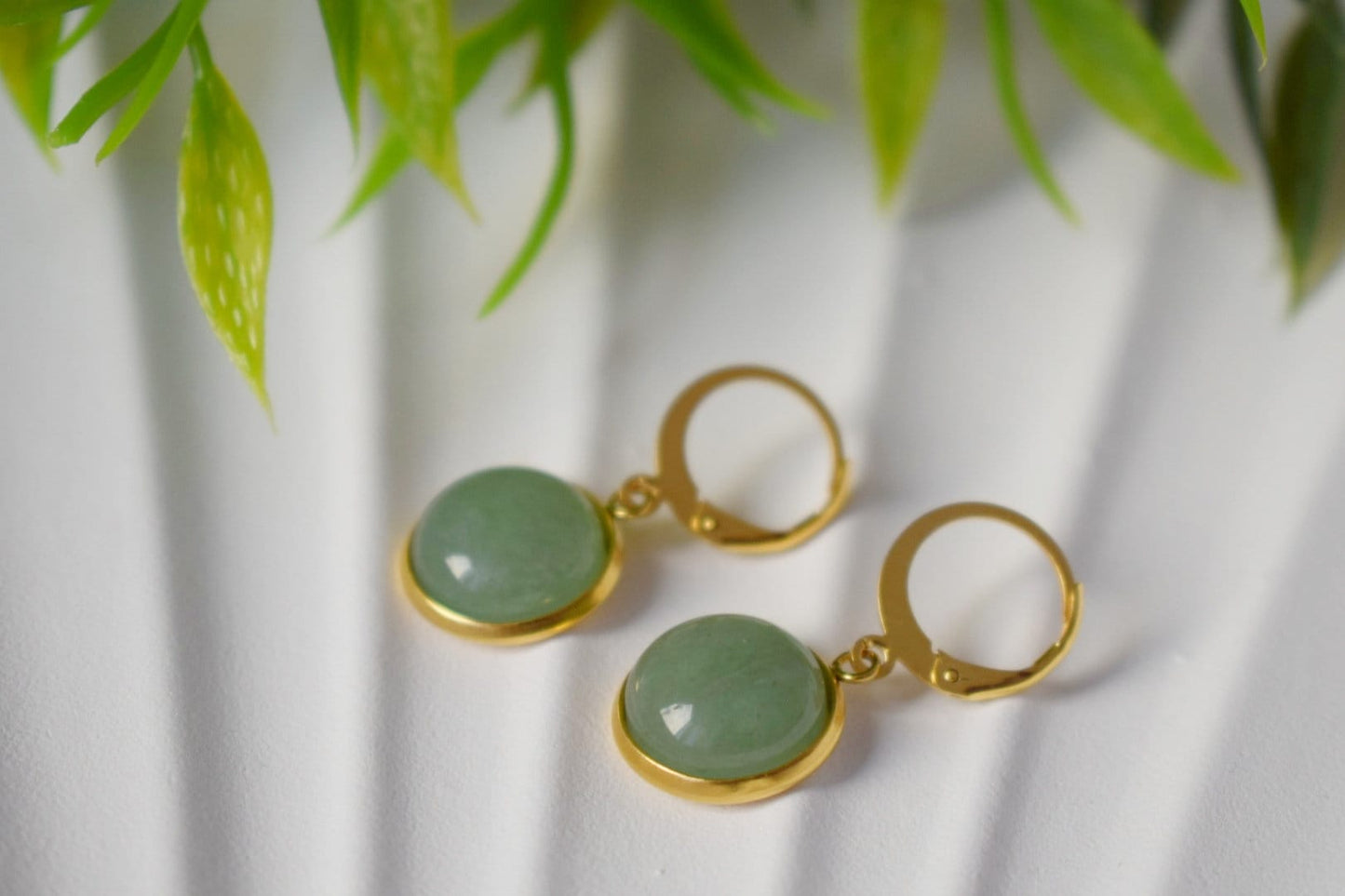 Aventurine earrings dangle, Green, Gold, Gemstone, Lever back hoop earrings with stone, Hanging earrings, Aventurine gold jewelry, Gift her