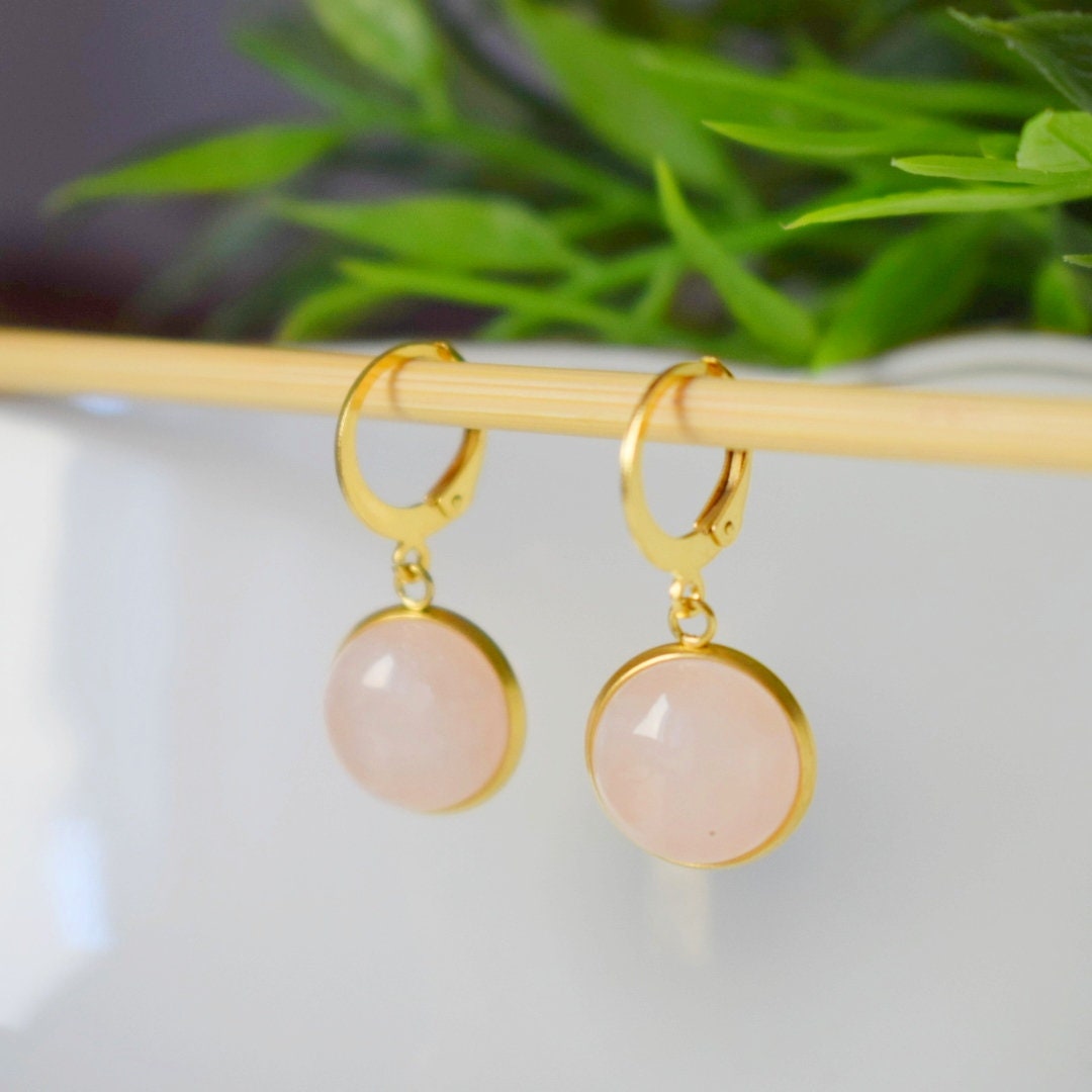 Rose quartz dangle earrings gold, Rose quartz hoop earrings, Gemstone, Pink, Natural stone, Round, Lever back, Jewelry gift for her