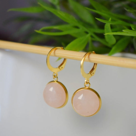 Rose quartz dangle earrings gold, Rose quartz hoop earrings, Gemstone, Pink, Natural stone, Round, Lever back, Jewelry gift for her