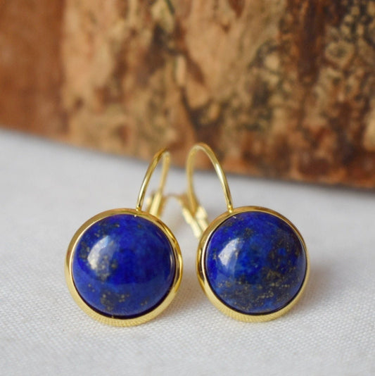 Lapis Lazuli Gold Earrings Dangle, Blue Lapis Earrings, Lever back earrings, Round, 12mm, September Birthstone Jewelry, Lapis, Gift for her
