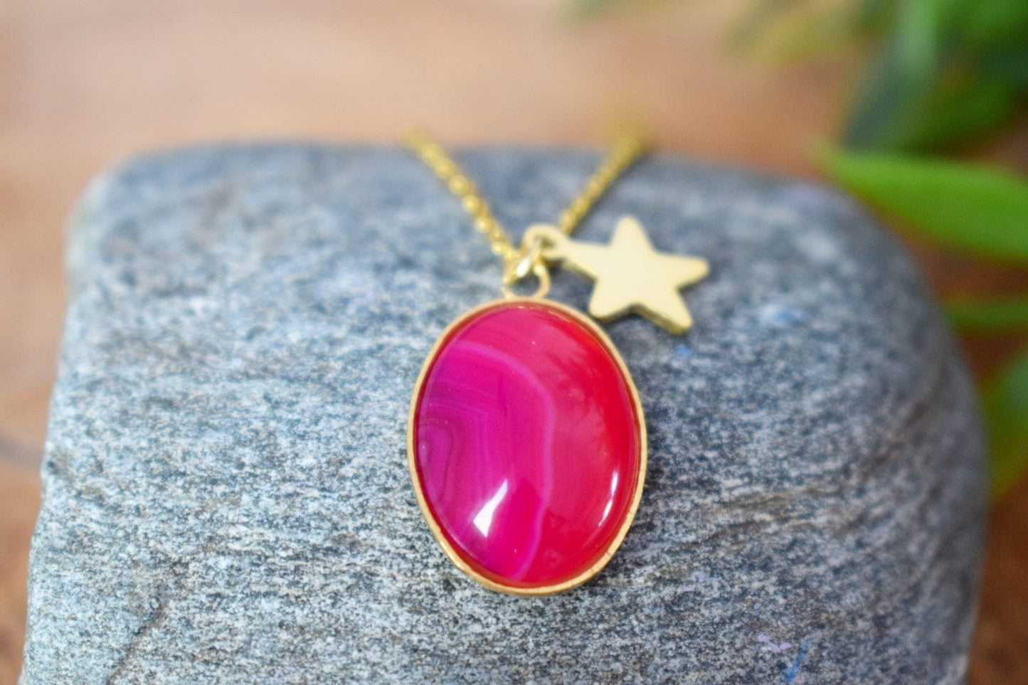 Necklace Banded pink agate, Gemstone necklace with star charm for women, Stone pendant, Boho jewelry, Unique Christmas gift for her