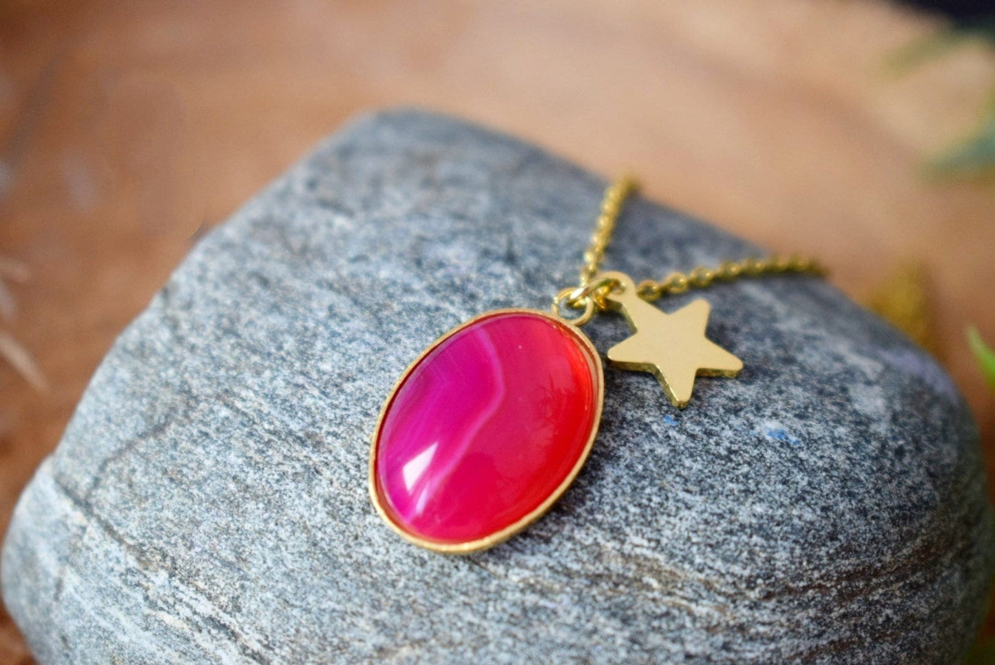 Necklace Banded pink agate, Gemstone necklace with star charm for women, Stone pendant, Boho jewelry, Unique Christmas gift for her