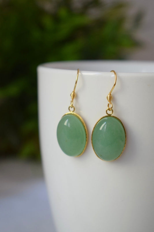 Aventurine earrings dangle gold oval for women, Gemstone green aventurine earrings, Long hanging stone earrings, Aventurine jewelry, Gift
