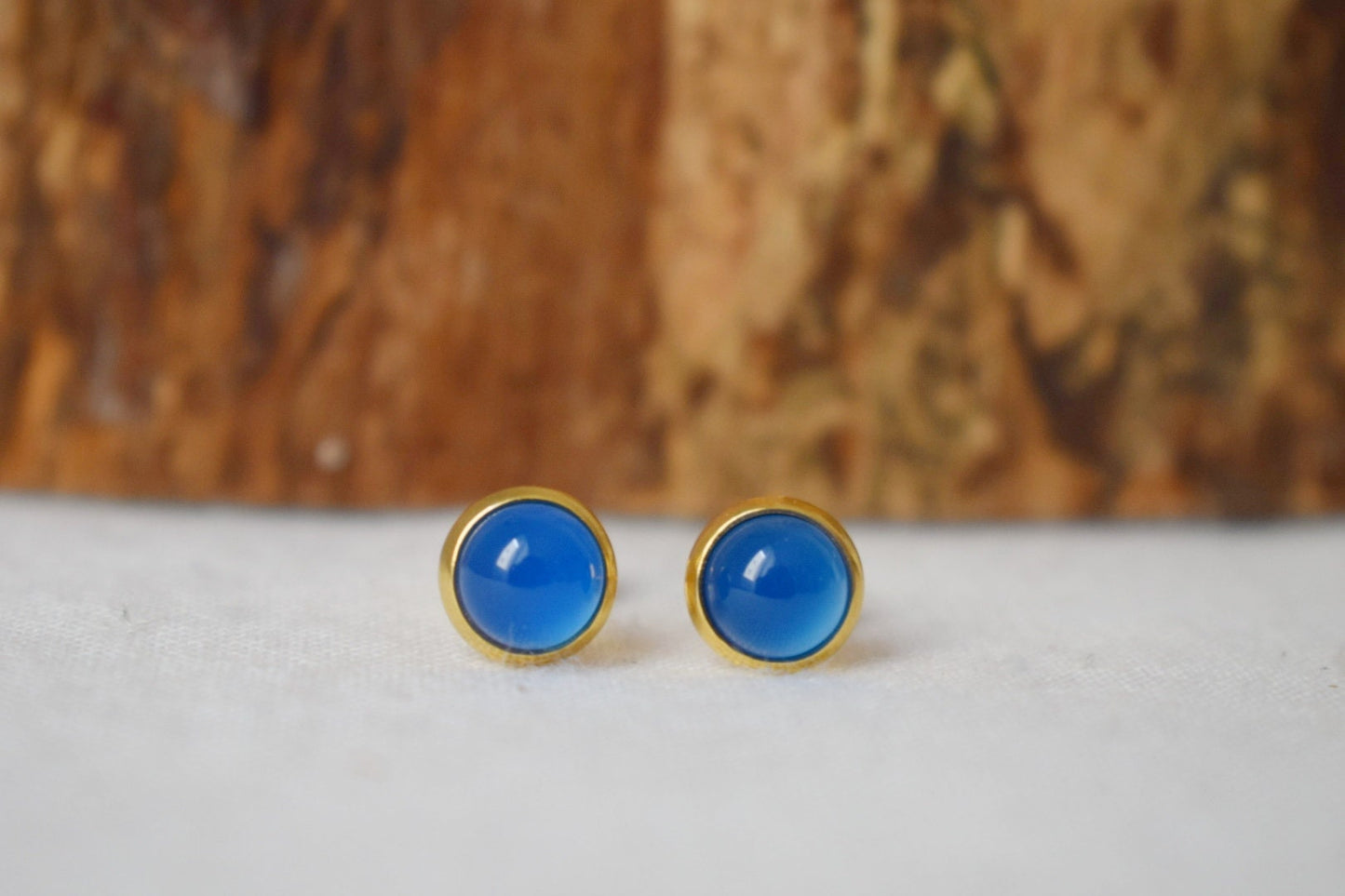 Mini Blue Agate Stud Earrings, 6mm Gold Stud Earrings, Small Round Gemstone Earrings, Minimalist Agate Birthstone Jewelry, Gift For Her