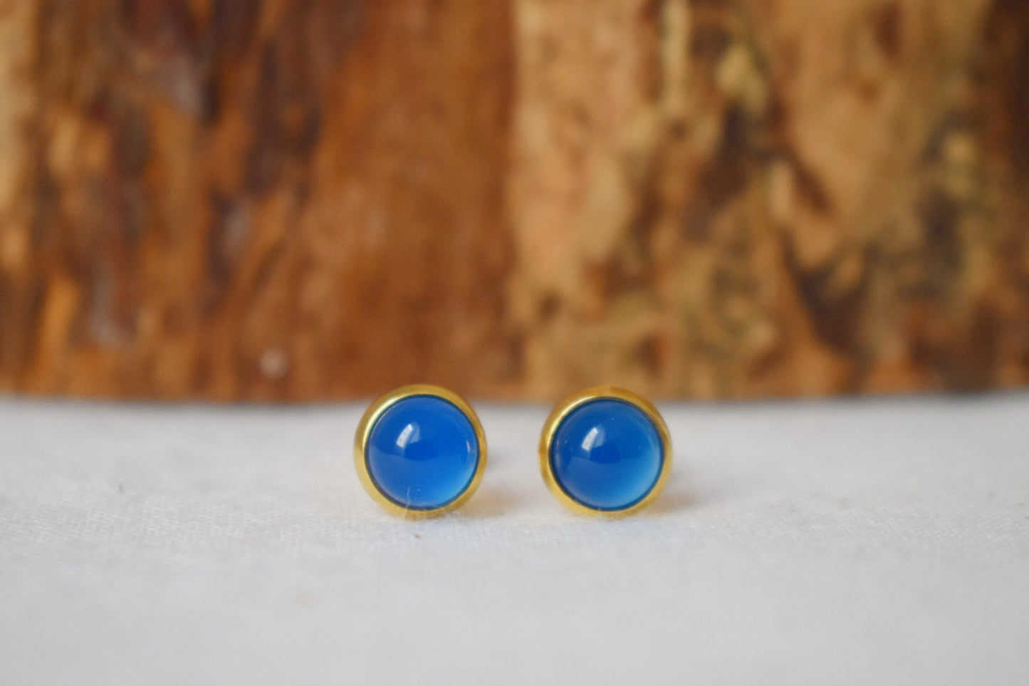 Mini Blue Agate Stud Earrings, 6mm Gold Stud Earrings, Small Round Gemstone Earrings, Minimalist Agate Birthstone Jewelry, Gift For Her