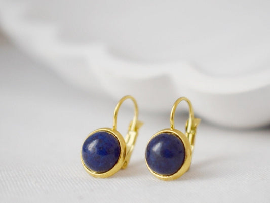 Small Lapis Lazuli Dangle Earrings, Blue Gemstone Leverback Earrings, September Birthstone Jewelry, Golden Earrings for Women, Handmade Gift