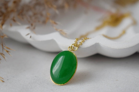 Green jade necklace gold for women, Oval pendant gemstone necklace, Statement necklace, Green stone pendant, Handmade jewelry gift for her