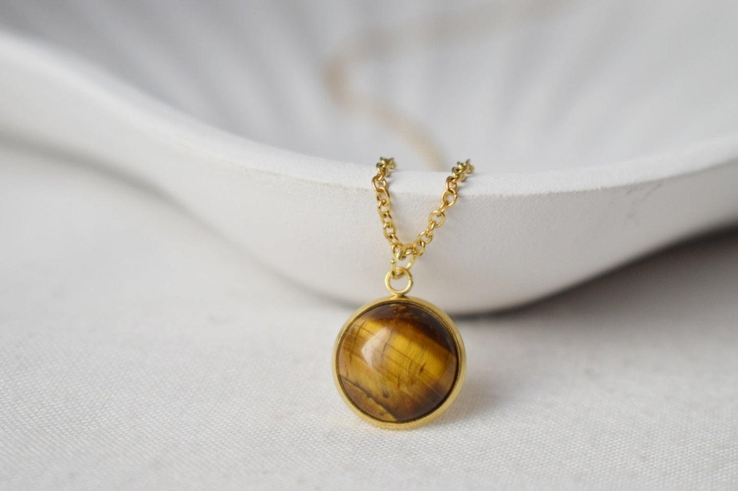 Tiger Eye Necklace Gold With Pendant For Women, Gemstone, Tigers Eye Jewelry, Round, Cabochon, Stainless Steel, Stone Necklace, Gift For Her