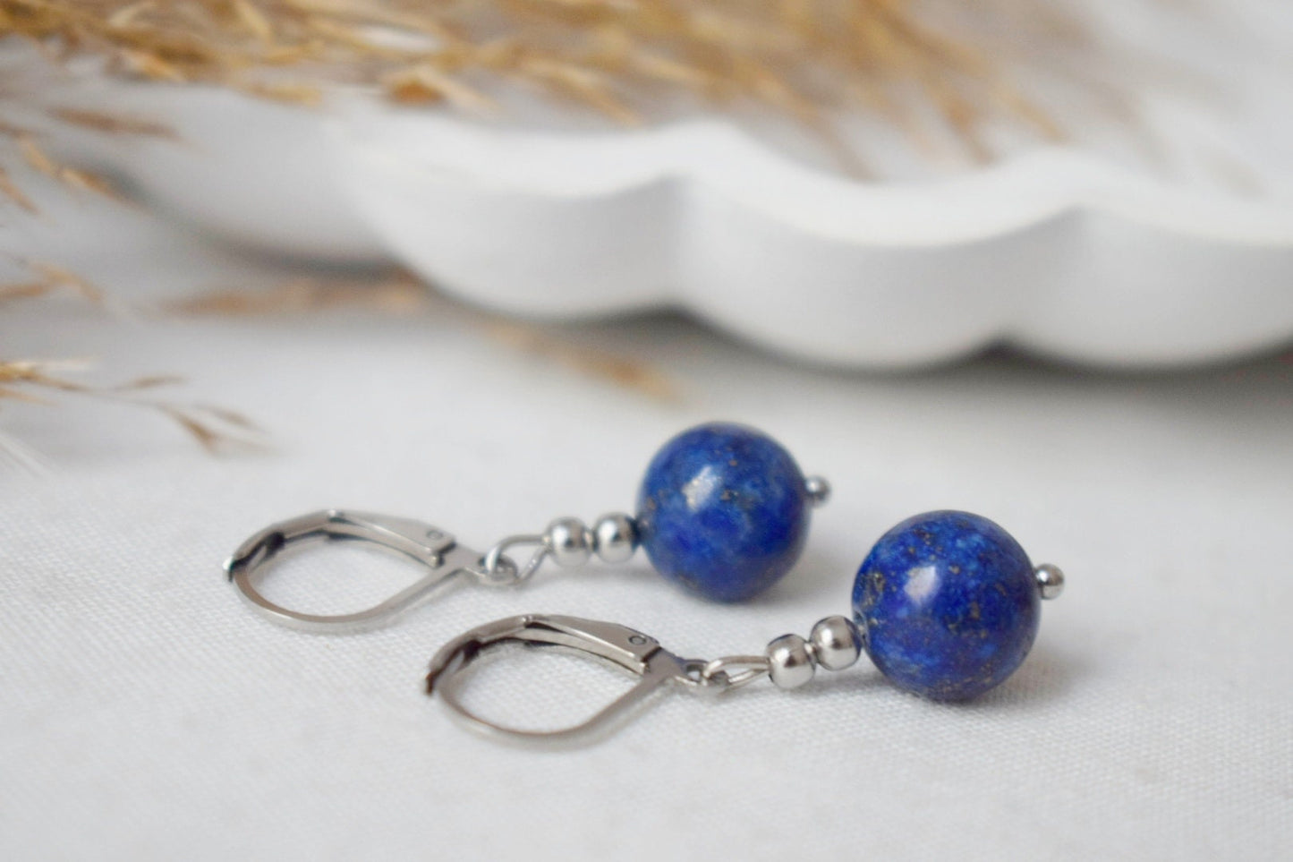 Earrings Lapis Lazuli Silver, Gemstone Blue Bead, Hoops, Lever Back, September Birthstone, Hanging ball stone earrings, Jewelry gift for her