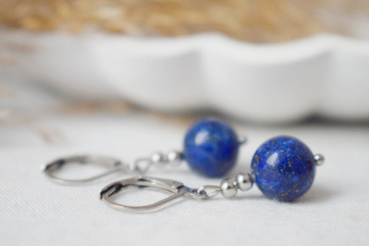 Earrings Lapis Lazuli Silver, Gemstone Blue Bead, Hoops, Lever Back, September Birthstone, Hanging ball stone earrings, Jewelry gift for her