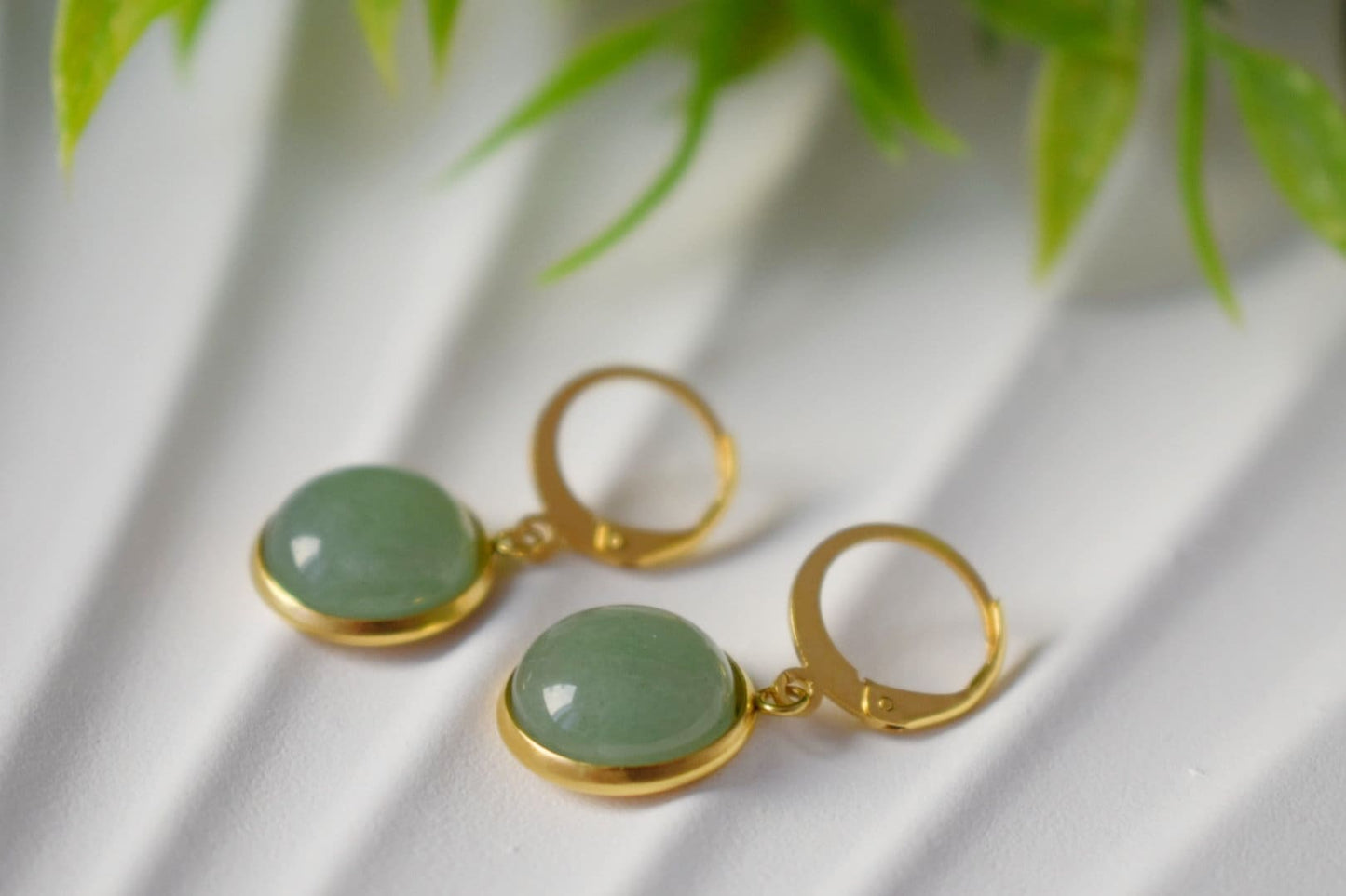 Aventurine earrings dangle, Green, Gold, Gemstone, Lever back hoop earrings with stone, Hanging earrings, Aventurine gold jewelry, Gift her