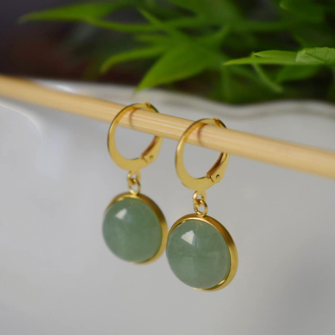 Aventurine earrings dangle, Green, Gold, Gemstone, Lever back hoop earrings with stone, Hanging earrings, Aventurine gold jewelry, Gift her